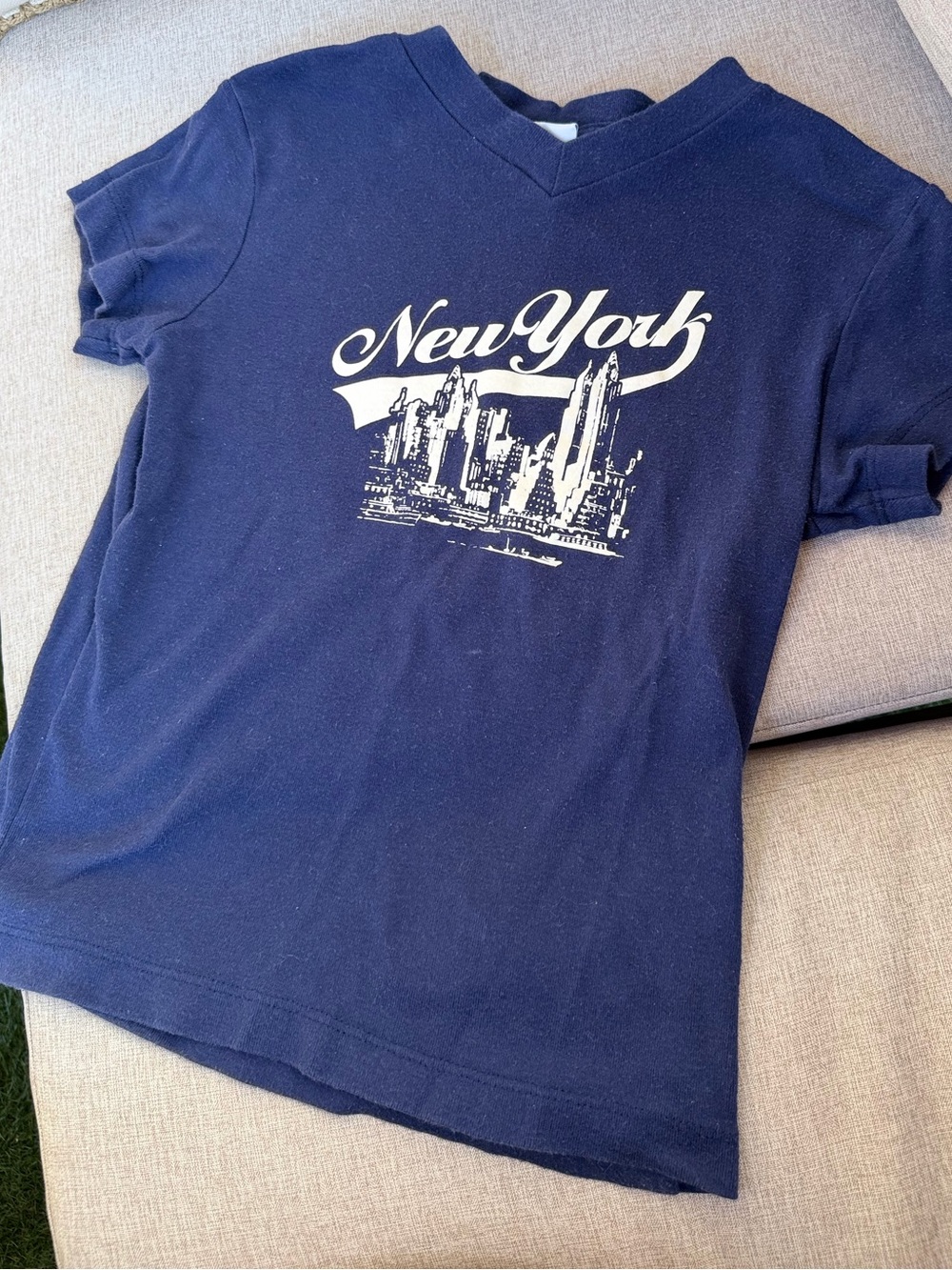 New York Skyline Baby Tee Navy V Neck Fitted XS
